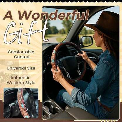 Western Steering Wheel Cover, Color Printed Embossed Hand-Painted Leather Western car Parts, for Women Man, Anti-Slip Design Easy to Install, for Trucks SUVs Cars (Style 2)