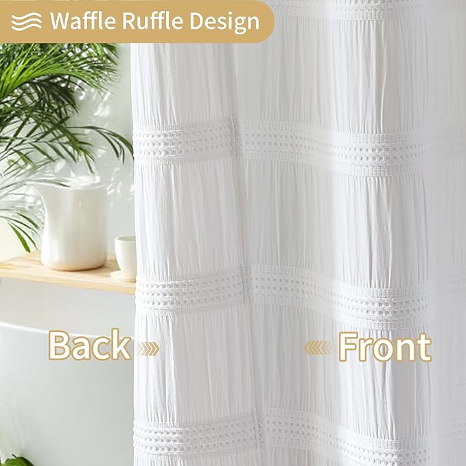 Lameirose Extra Long White Shower Curtain Farmhouse,72 x 78 Cotton Blend Waffle Tufted Striped Chic Textured Fabric Shower Curtain for Bathroom, Hotel, Washable