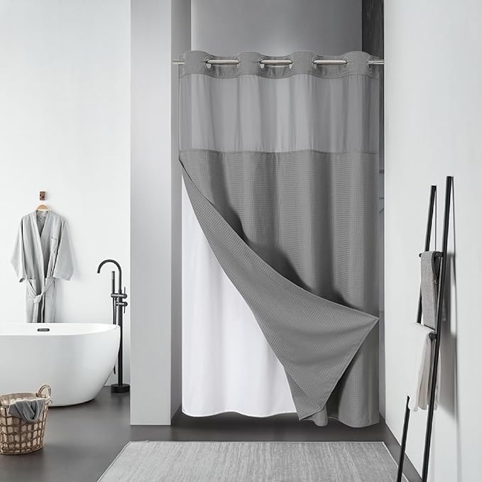 eachope Grey No Hook Waffle Weave Shower Curtain with snap-in Liner Replacement, 230GSM Waterproof Fabric Hotel Shower Curtain Set for Bathroom, Through Mesh Top Window,54Wx74H