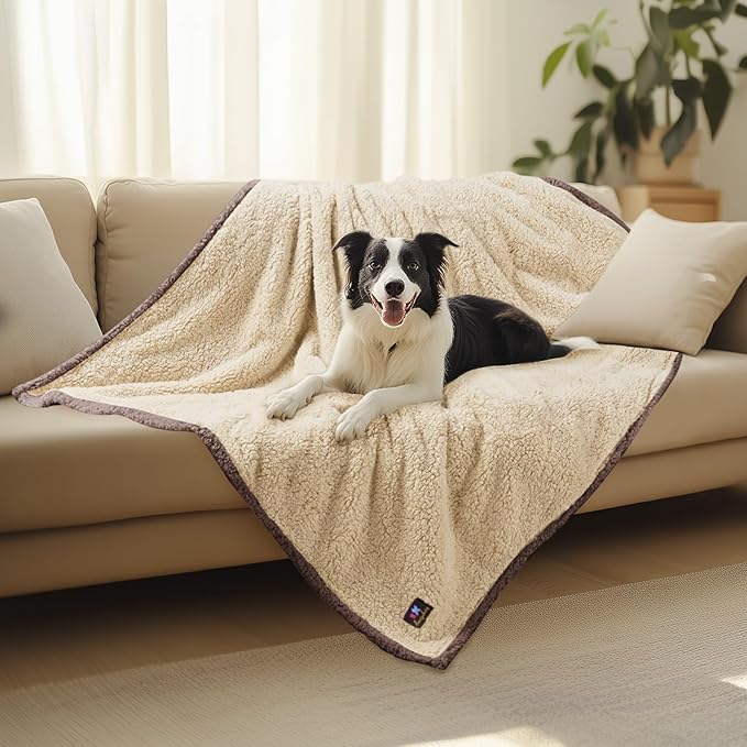 Luciphia Waterproof Pet Blanket for Medium Large Dogs Soft Cat Sherpa Calming Thick Cover Leakproof Cozy Puppy Sofa Bed Car Couch Protector(Beige/Brown,63x50 inches)