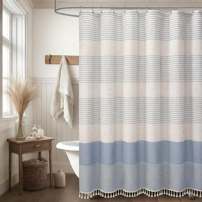 XOGUIBO Light Blue Shower Curtain Linen Coastal Ocean Striped Shower Curtains for Bathroom with Tassel 72 X 72