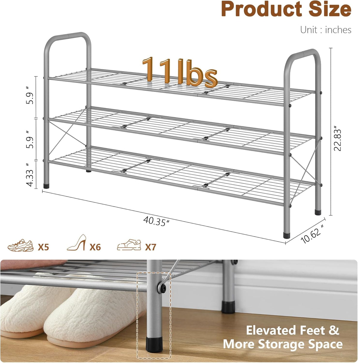Hoctieon 3 Tier Mesh Style Shoe Rack, Entryway Shoe Shelf, Shoe Storage Organizer, Shoe Rack for Closet, Space Save for Bathroom, Garage, Hallway, Bedroom, Living Room, Grey