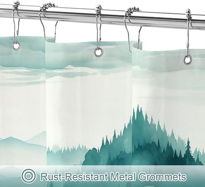 Litabel Teal Blue Extra Long Misty Pine Forest Shower Curtain 72 x 84, XL Mountain Foggy Woodland Scenery Tree Shower Curtains for Bathroom, Turquoise Abstract Waterproof Nature-Themed Decor