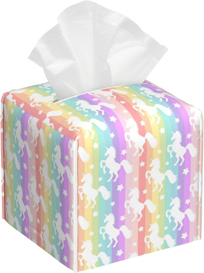 Leather Tissue Box Holder Unicorn Silhouette on Rainbow Stripes Tissue Box Cover Facial Paper Case Organizer Cube Napkin Dispenser for Bathroom Vanity Countertop Night Stand Office Car