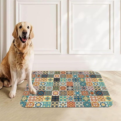 Traditional Multicolor Ornate Dog Food Mat Absorbent Bowl Mats No Stains Quick Dry Waterproof Pet Cat Placemats for Food and Water, 30x45cm