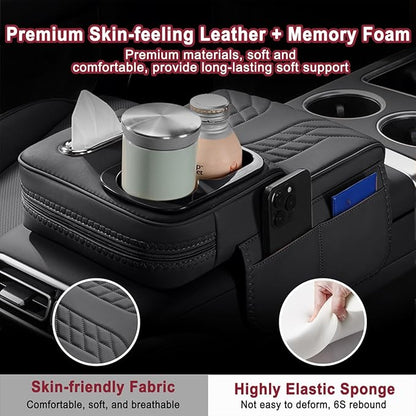 Car Armrest Storage Box for Cadillac XT4 2018–2025 2020 2021 2022 2023 2024, Sport-Style Center Console Organizer with Side Pocket, PU Leather Armrest Cushion, Elbow Support Pad,A Black
