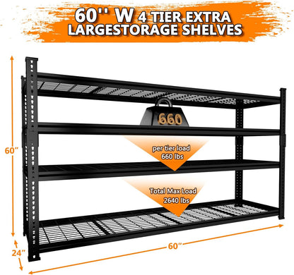 Storage Shelves Heavy Duty 4 PCS, 60"L x 24"W x 60"H Garage Wire Shelving Unit Loads 2640LBS, 4-tier Adjustable Metal Industrial Utility Shelf Rack for Kitchen, Laundry, Pantry, Warehouse, Basement