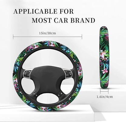 Tropical Car Steering Wheel Cover for Women Frangipani Hibiscus Palms 14-15 Inch Stretch Cloth Anti-Slip Wrap Protector Case Fit Universal Auto Accessories Decor Sweat Absorption (No Tools Needed)