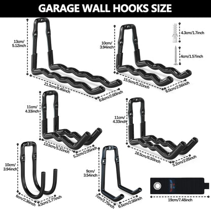 3-H Heavy Duty Garage Hooks 14 Pack, One-Piece Construction Garage Wall Hooks, Garage Hanger & Organizer Wall Mount for Ladders, Bikes, Chairs, WeedEaters, Shovels, Garden Tools (Black)