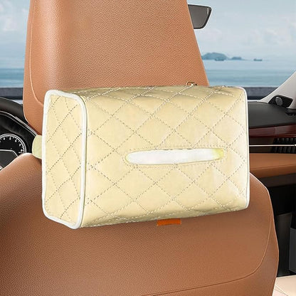 Car Tissue Holder, Soft PU Leather Auto Backseat Napkin Holder, Rectangle Hanging Tissue Box for 100-150 Standard Tissues, Universal Car Interior Storage & Organization Accessories (Beige)
