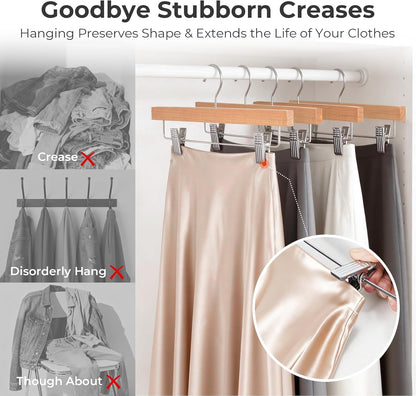 HOUSE DAY Wooden Pants Hangers with Clips, Solid Lotus Deluxe Wood Skirt Hangers, Heavy Duty & Anti-Rust Hook for Wrinkle-Free Slacks, Skirts, Jeans, Space Saving for Closet 20 Pack (Natural)