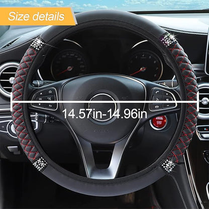 Bling Soft Leather Steering Wheel Cover, 15 Inch Colorful Rhinestones Auto Elastic Steering Wheel Protector, Sparkly Crystal Diamond for Women Girls, Car Accessories for Most Cars (Black/Red)