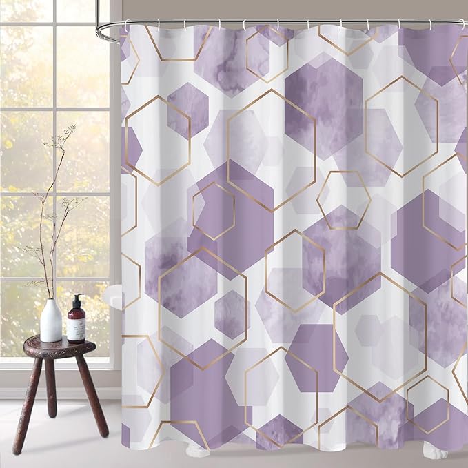 Litabel Modern Long Shower Curtain for Bathroom, Lavender Purple Geometric Art Decor Waterproof Bath Curtain, Abstract Fabric Shower Curtain Sets for Home Decor, 72x78 Inch