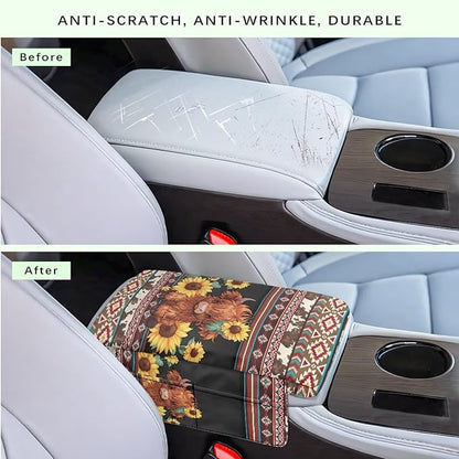 Wanyint Aztec Highland Cow Sunflower Center Console Cover Non-Slip Armrest Box Pad with 4 Storage Bags Comfortable Arm Rest Pad Middle Console Cushion Protector Auto Interior Accessories