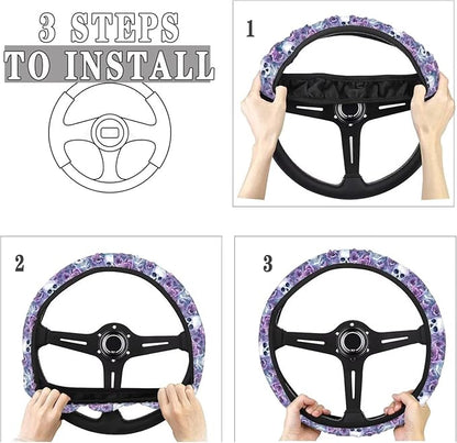 AFPANQZ Steering Wheel Protection for Automotive Steering Wheel Covers, Skull Purple Rose Sweat Absorption Comfort Grip for Driver Women Men