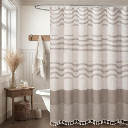 XOGUIBO Taupe Shower Curtain Farmhouse Linen Striped Shower Curtains for Bathroom with Tassel 72 X 72