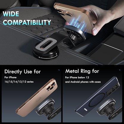 Coverado for 15W Magsafe Car Mount Charger, QI2 Wireless Car Charger Phone Holder fwith Adjustable Aluminum Alloy Arm, Magnetic Car Phone Holder Suction Cup for iPhone 17/16/15/14/13/12
