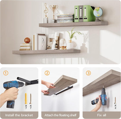 HOOBRO Floating Shelves for Wall, Wall Mounted Shelf Set of 2, 23.6" Hanging Shelf with Invisible Brackets, for Wall in Bathroom, Bedroom, Toilet, Kitchen, Living Room, Office, Greige BG60BJ01G1