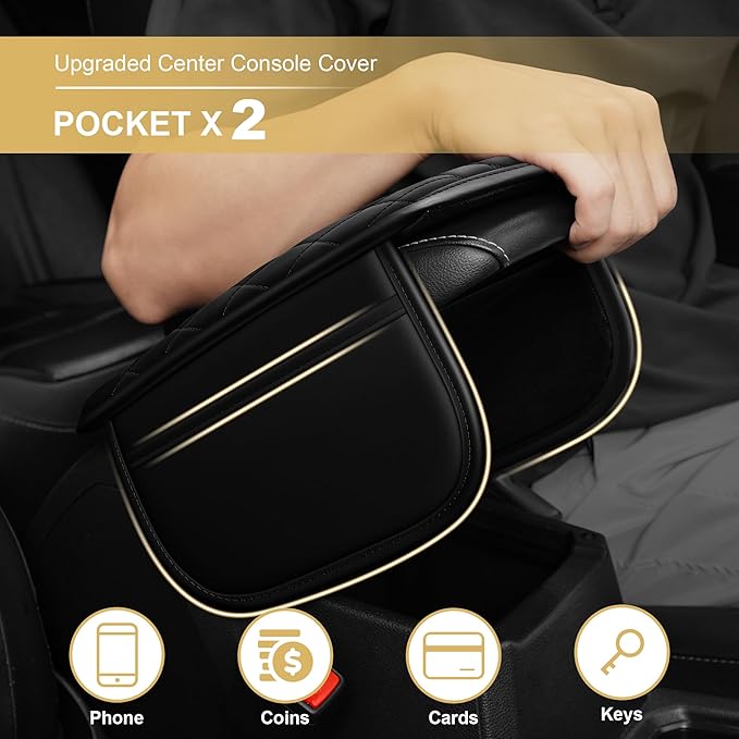 Center Console Cover for TL: Armrest Cover for Car with 2 Storage Bags - Scratch & Wear Resistant & Waterproof Leather Console Cover,Anti-Scratch Auto Armrest Pad Accessory （Black