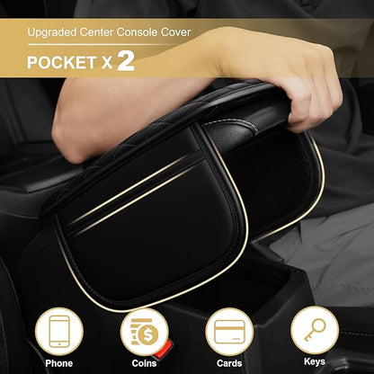 Center Console Cover for MDX: Armrest Cover for Car with 2 Storage Bags - Scratch & Wear Resistant & Waterproof Leather Console Cover,Anti-Scratch Auto Armrest Pad Accessory （Black