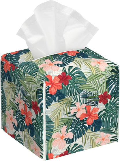Palm Leaves and Flowers Tissue Box Cover Square,Tropical Plants and Floral Tissue Box Holder Waterproof Leather Facial Paper Organizer Dispenser for Bathroom Home Car Nightstand Vanity Desk