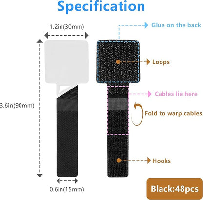 48Pcs Upgraded Under Desk Cable Management Ties - Self Adhesive Sticky Back Hook and Loop Straps, Cable Wire Organizers for Home Office