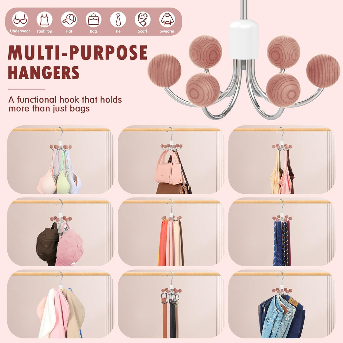 DOIOWN Purse Organizer,4 Pack Space Saving Purse Hangers for Closet,Multi Purpose Rotating Tank Top Hangers for Bags, Bras,Scarfs,Ties, Hoodies, Hat Closet Organizers and Storage