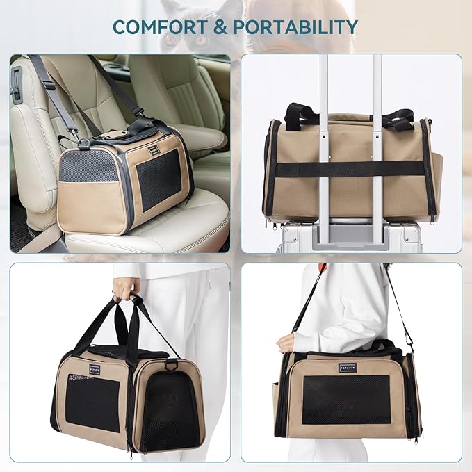 PETSFIT Pet Carrier for Cat, Small Dogs, Dog Carrier Airline Approved, TSA Approved Soft Cat Carrier for Travel, Small Animal Carrier for Pets Under 12 Lbs, Khaki