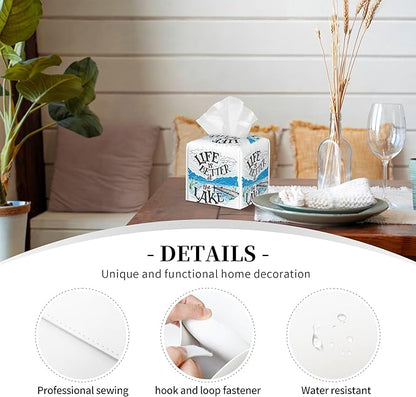 POIUBLE Leather Tissue Box Holder Life is Better at The Lake Tissue Box Cover Square Waterproof Tissue Holder Organizer Modern Napkin Holder for Bedroom Dresser Night Stand Office Desk
