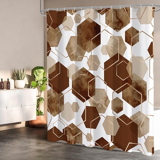 Litabel Modern Long Shower Curtain for Bathroom, Brown Geometric Art Decor Waterproof Bath Curtain, Abstract Fabric Shower Curtain Sets for Home Decor, 72x78 Inch