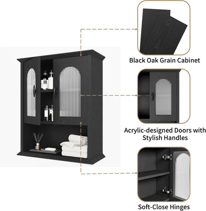 CJL Bathroom Wall Cabinet with Fluted Door, 18.9'' x 23.6'' Medicine Cabinet, Over The Toilet Storage Cabinet, Black