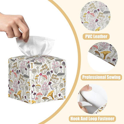Leather Tissue Box Holder Wild Mushrooms Tissue Box Cover Facial Paper Case Organizer Cube Napkin Dispenser for Bathroom Vanity Countertop Night Stand Office Car