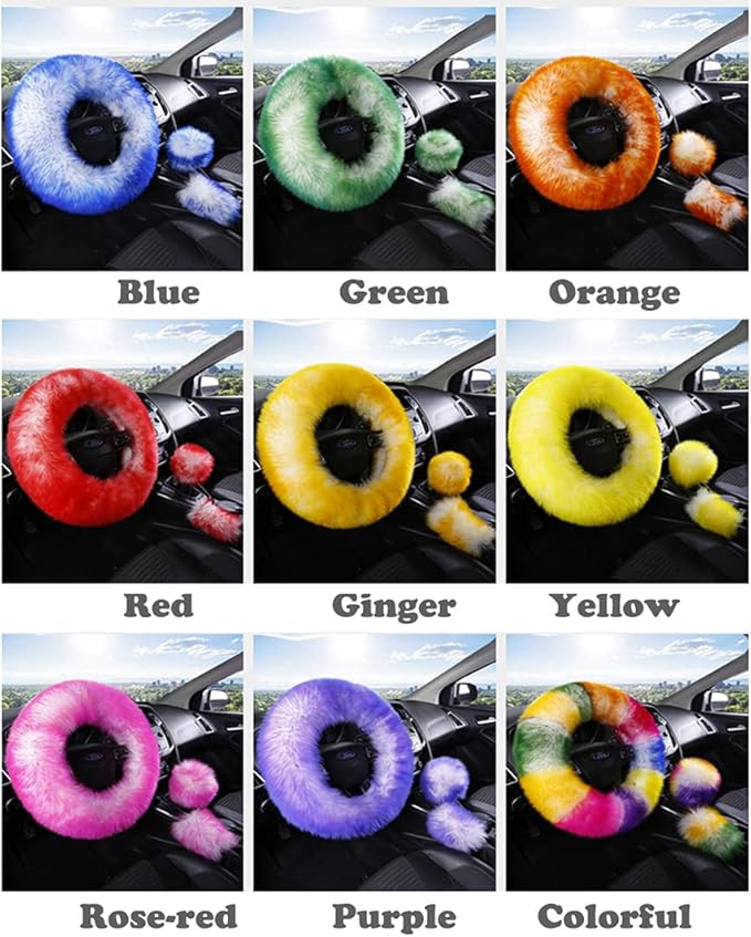 15inches Universal Leather Car Steering Wheel Cover Car Accessories Colorful Fuzzy Steering Wheel Cover Gear Shift Cover Handbrake Cover (red)