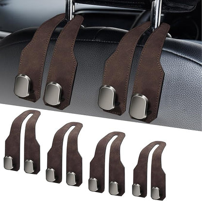 Car Seat Headrest Hooks for Purses and Bags, 4 Pack Bag Purse Holder for Car with Double Metal Hooks, Car Purse Hanger, Headrest Back Seat Handbags Hook Cute Hanging Accessories, Brown