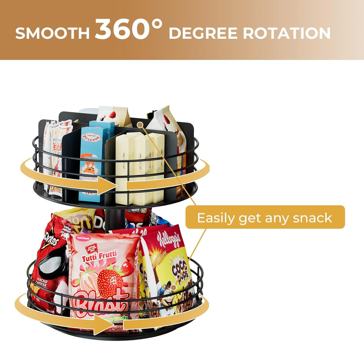 Snack Organizer - Versatile Snack Storage 2 Tier Lazy Susan with Convenient Grab-and-Go Design, Metal Snack Holder for Home, Office, Breakroom, 11.85" L x 11.85" W x 13.3" H (Matte Black)
