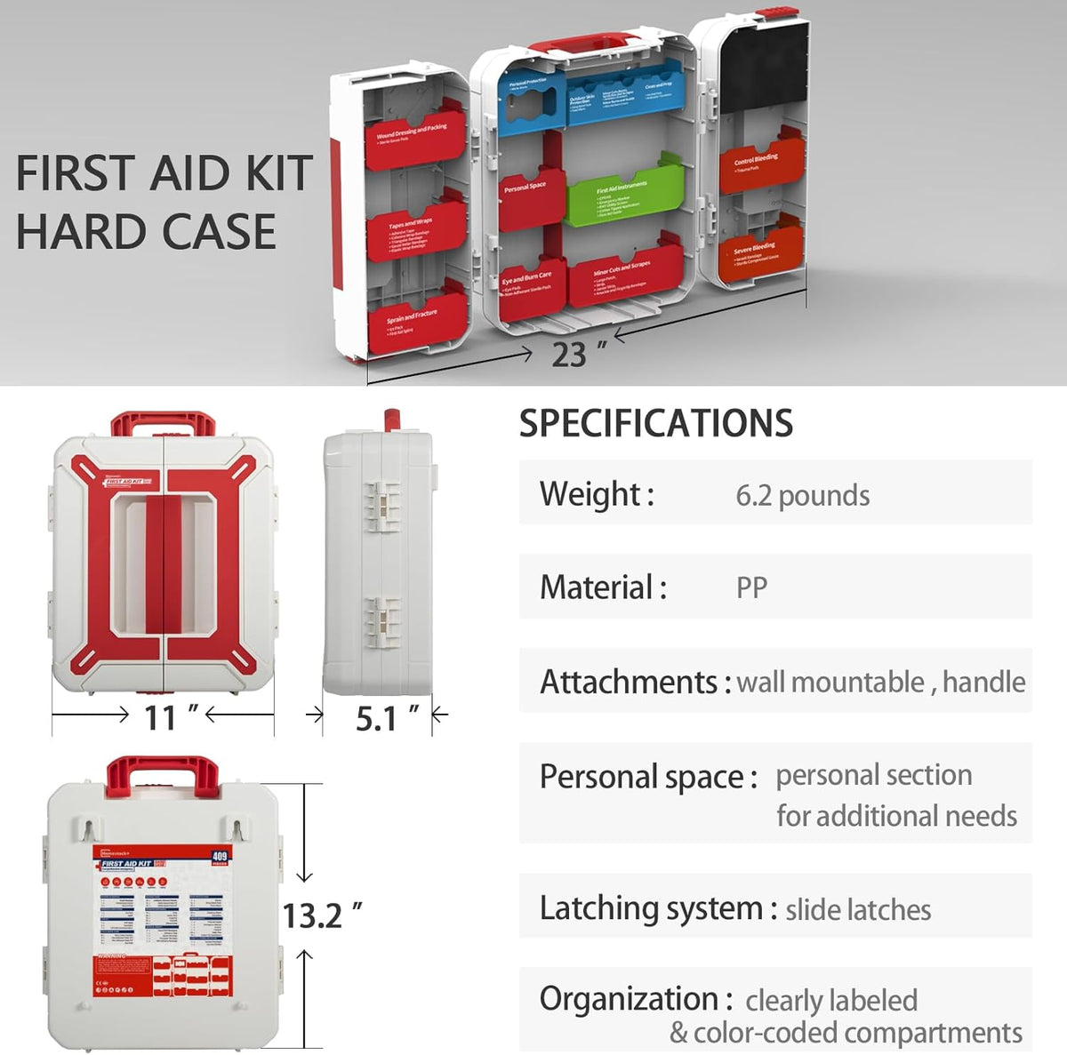 Large First Aid Kit for Business- Plastic Wall Mounted First Aid Box,Hard Case First Aid Kit, Emergency Kit for Car,Home,Offices - 408 Piece