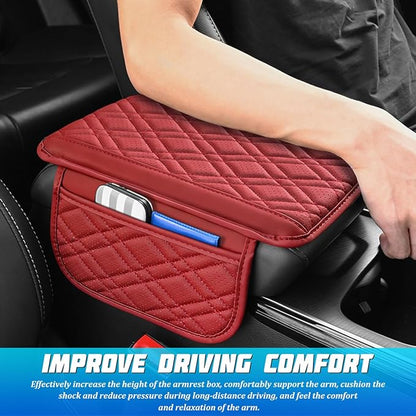 Car Center Console Cover, Leather Vehicle Armrest Cushion Pad with 2 Storage Bags, Comfortbale Automotive Interior Middle Seat Box Protector Accessories, Universal Fit (Red)