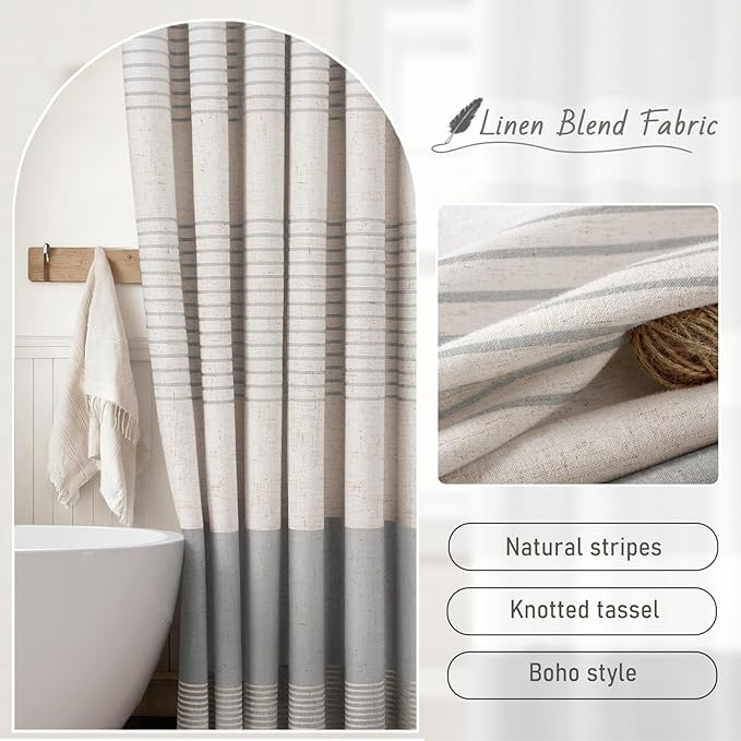 XOGUIBO Grey Shower Curtain Farmhouse Linen Striped Shower Curtains for Bathroom with Tassel 72 X 72