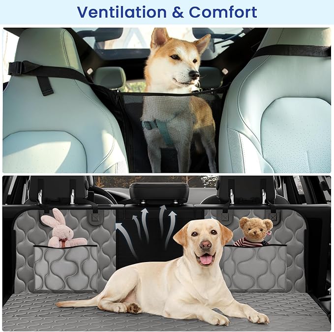 pettycare Dog Back Seat Cover Hard Bottom, Supports 400lbs, for Car with Mesh Window, Non-Slip SUV Truck, Grey