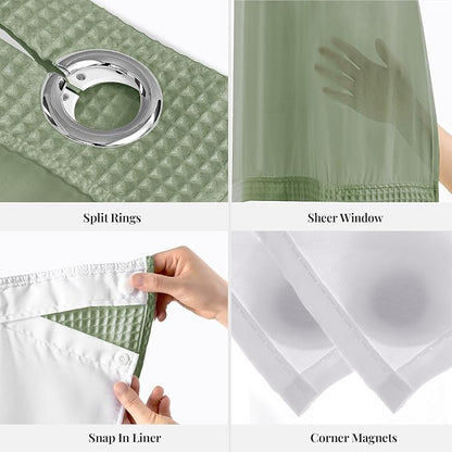 River Dream Sage Green Fabric Shower Curtain Set, Cotton Blend, Waffle Weave, with Snap in Replacement Liner，71 x 74 inches