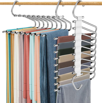 Upgrade 9 Layers Pants Hangers Space Saving, 2 Pack Multifunctional Pants Rack Non Slip Stainless Steel Clothes Space Saver Hangers Closet Organizers Storage for Pants Jeans Leggings, Creamy White