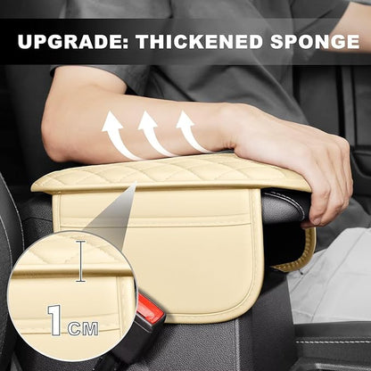 Upgraded Car Center Console Cover Fit for Tacoma Faux Leather Car Armrest Cover Cushion with 2 Storage Bags,Car Armrest Storage Box Interior Accessories(Beige&Whiteline)