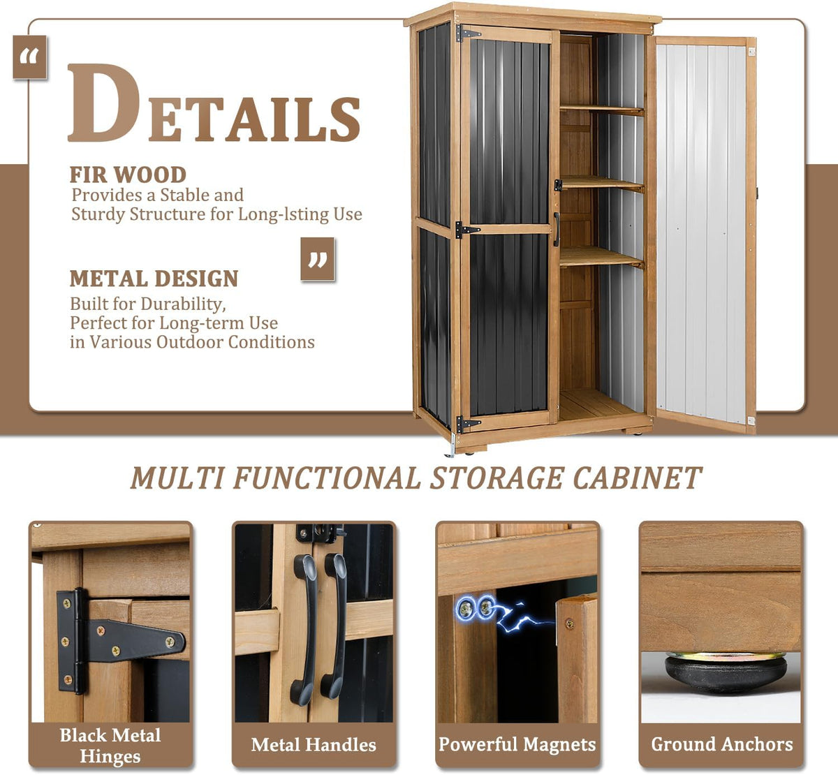 Outdoor Storage Cabinet with Shelves Outside Storage Shed Weather-Resistant with Waterproof Roof, Patio Pool Garden Garage Storage Cabinet Tool Organizer