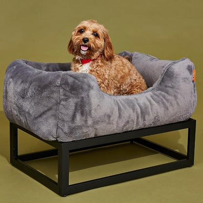 FUZI Elevated Dog Bed Small with Extra Cover, Luxury Raised Dog Beds, Removable and Machine Washable Bed Cover, Indoor/Outdoor Orthopedic Pet Bed, Small 25.1x16.75x18 Dark Grey and Black Base