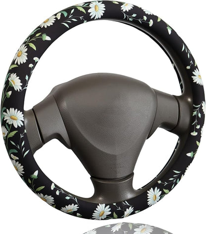 Wild Daisy Steering Wheel Cover for 14.5-15 Inch (37-38 cm) Wheels, Premium Fabric with Non-Slip Rubber Inner Ring (Wild Daisy)