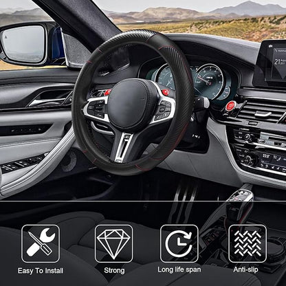 15" Car Steering Wheel Cover, Carbon Fiber Leather Stitching Elastic Steering Wheel Protector, Anti-Slip/Breathable/Durable/Soft, Interior Accessories for Most Cars (Carbon Fiber Black+Black)