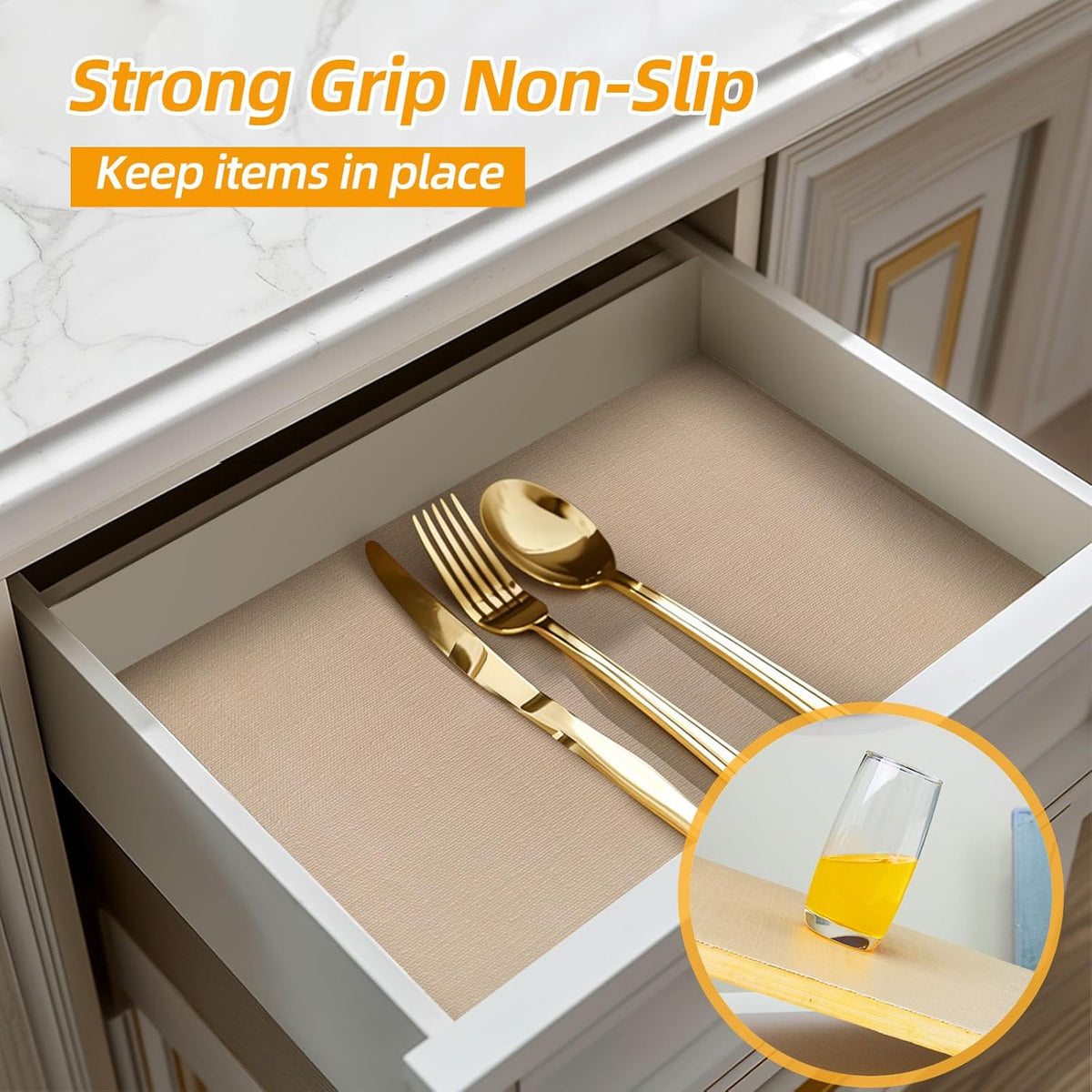 Shelf and Drawer Liner for Kitchen Cabinets Non-Adhesive, Strong Grip Non-Slip Thickened Cabinet Liners for Shelves, Waterproof Mats for Dresser Cupboard, Khaki, 17 in x 20 Feet