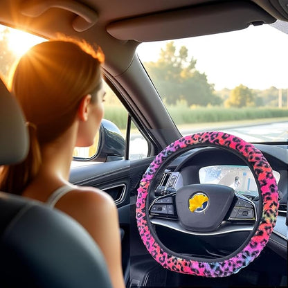 Cheetah Fuzzy Steering Wheel Cover, Girly Steering Wheel Cover, Cute Fluffy Furry Leopard Wheel Protector, Women Girl Car Christmas Decor Fit D-Shape O-Shape 14.5" to 15"