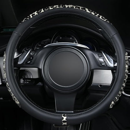 Flying Banner car Steering Wheel Cover Gel Massage Velvet Cool Warm Universal Size 15 inches SUV Truck Anti Slip Odorless Summer Winter (Black Gray Leopard Print, Gel Massage)