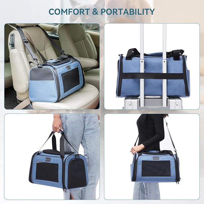 PETSFIT Pet Carrier, Dog Carrier Airline Approved, Collapsible Soft Sided TSA Approved Pet Carrier for Small and Medium Cats, Puppies Up to 12 Lbs, Cat Travel Carrier, Blue